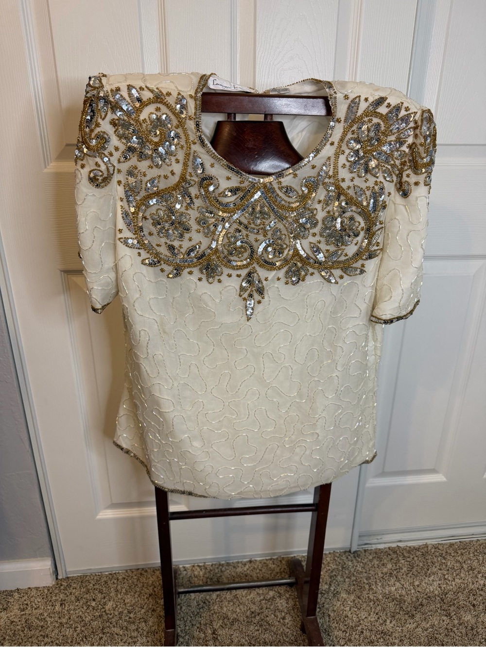 Vintage Laurence Kazar Silk Beaded Sequin Blouse Ivory Gold Silver Xl